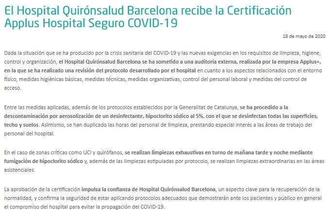 El Dr. Lluís Puig Verdié informa a sus pacientes El Hospital Quirónsalud Barcelona obtiene el CERTIFICADO Applus Hospital Seguro COVID-19